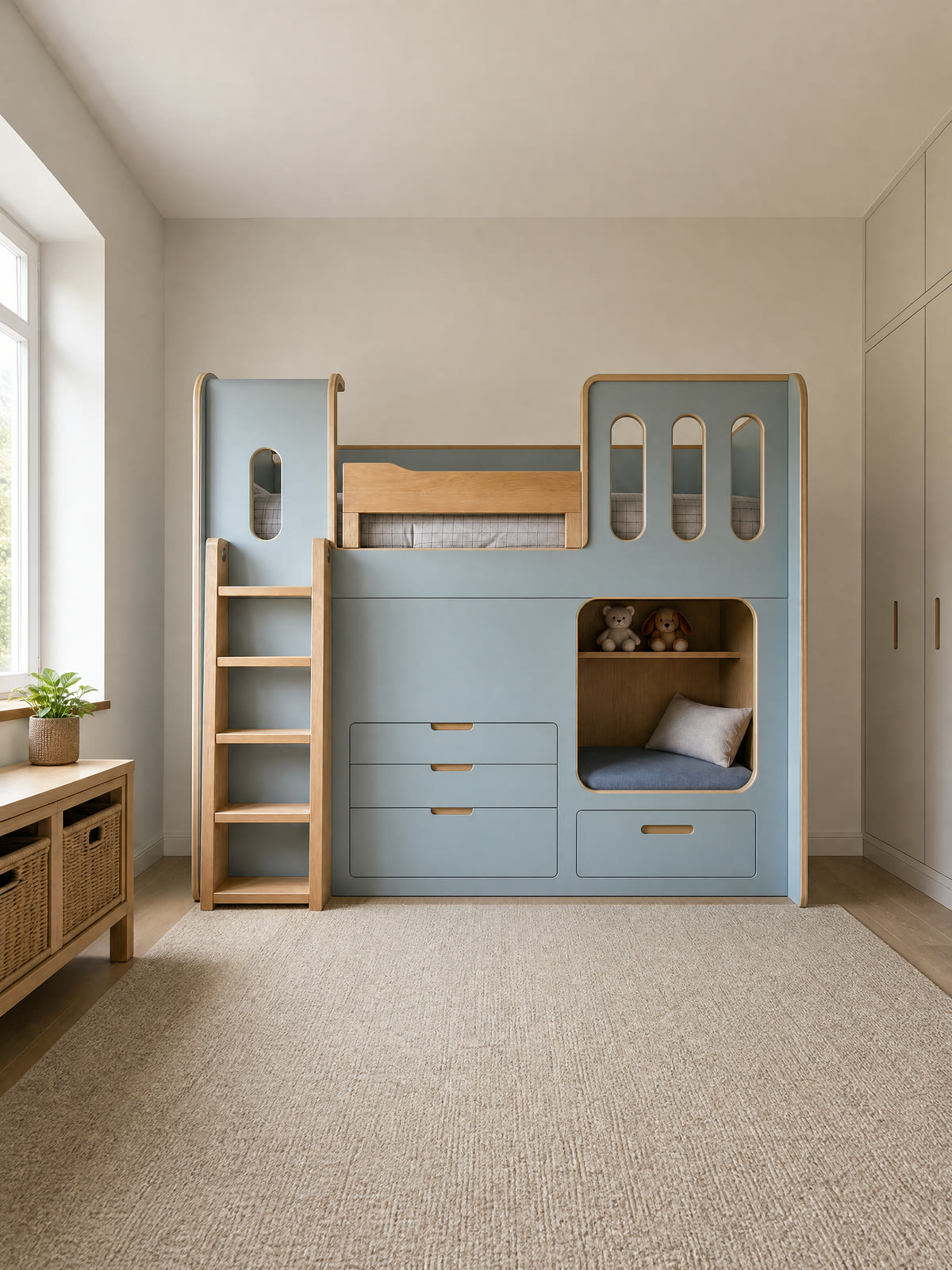 Bespoke painted cabin bed with ladder, drawers and a reading nook