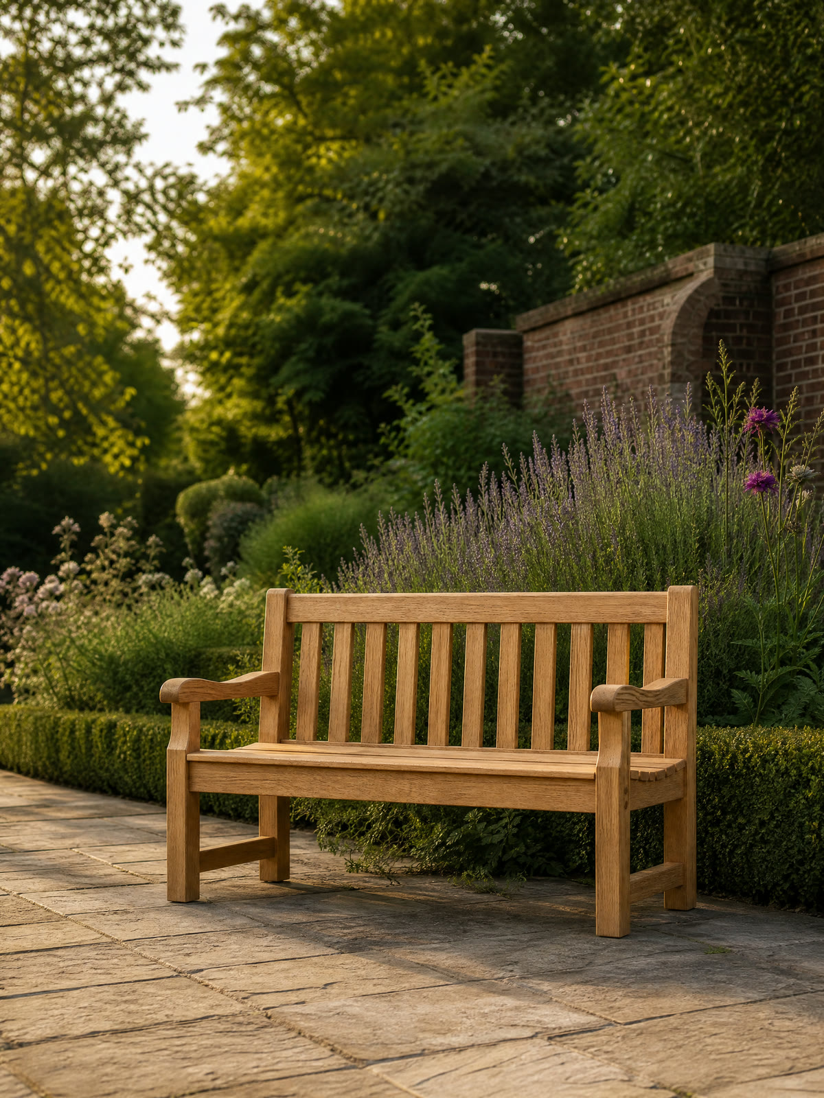 Handmade oak garden bench on a stone terrace