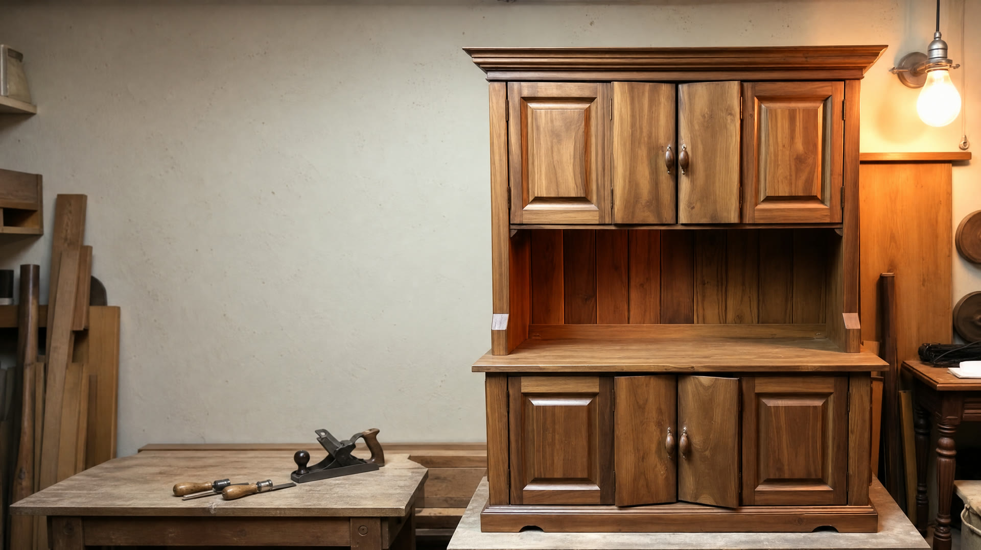 Wooden dresser cabinet in a joiner's workshop