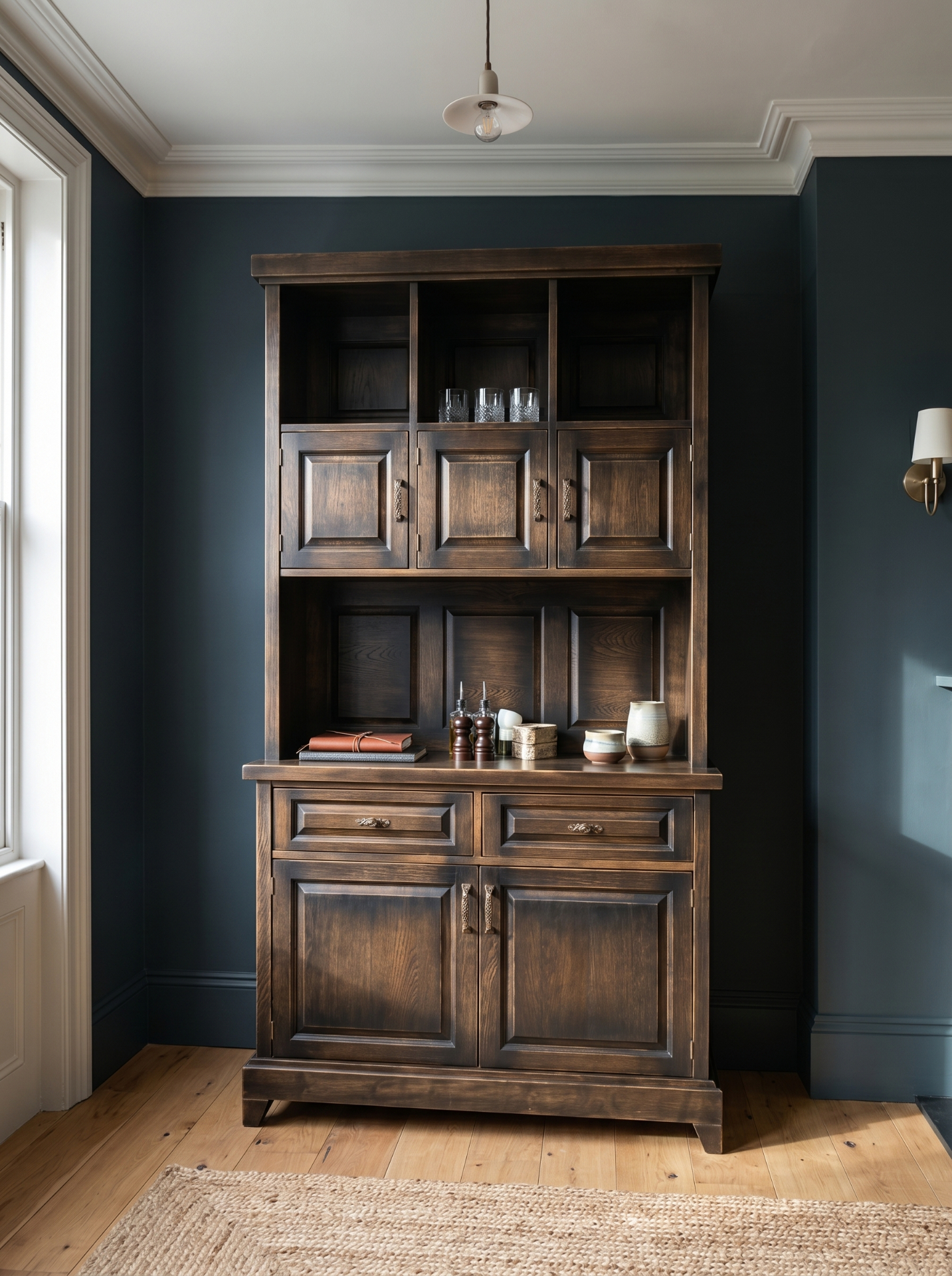 Hand-finished oak dresser cabinet with raised panels in a heritage interior