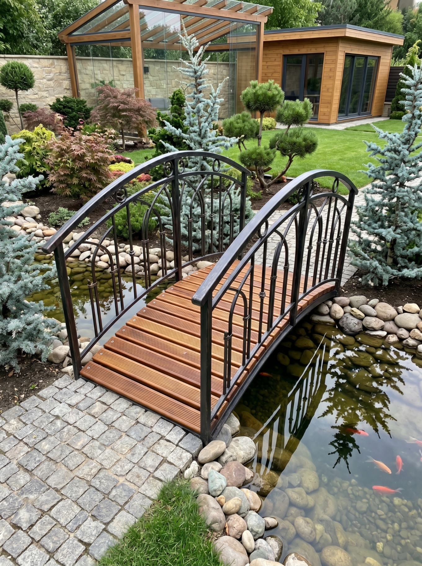 Bespoke timber and wrought iron garden bridge over a koi pond