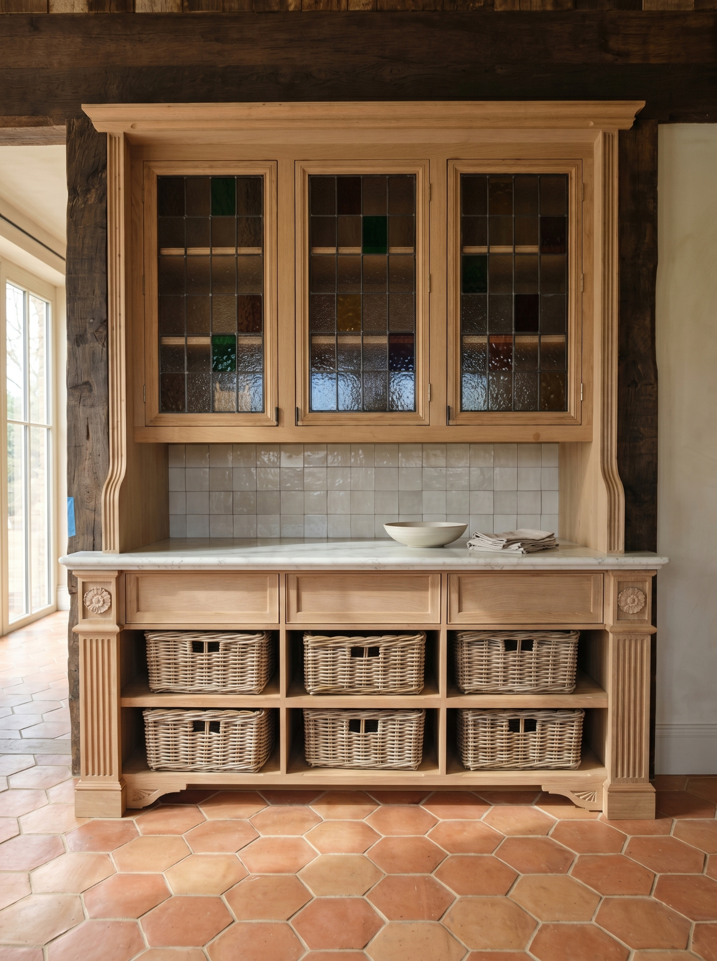 Handcrafted oak dresser cabinet with stained glass doors