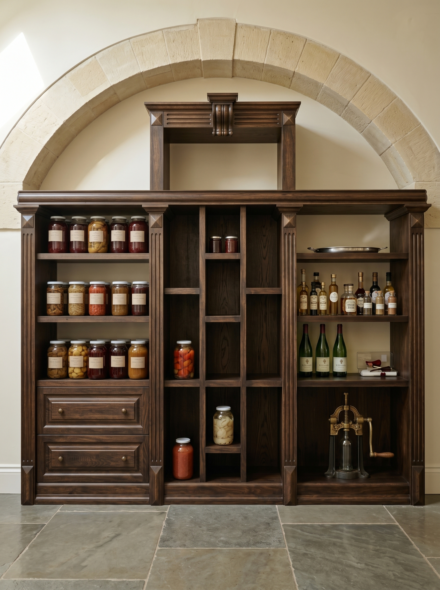 Bespoke walnut pantry shelving set within a stone arch