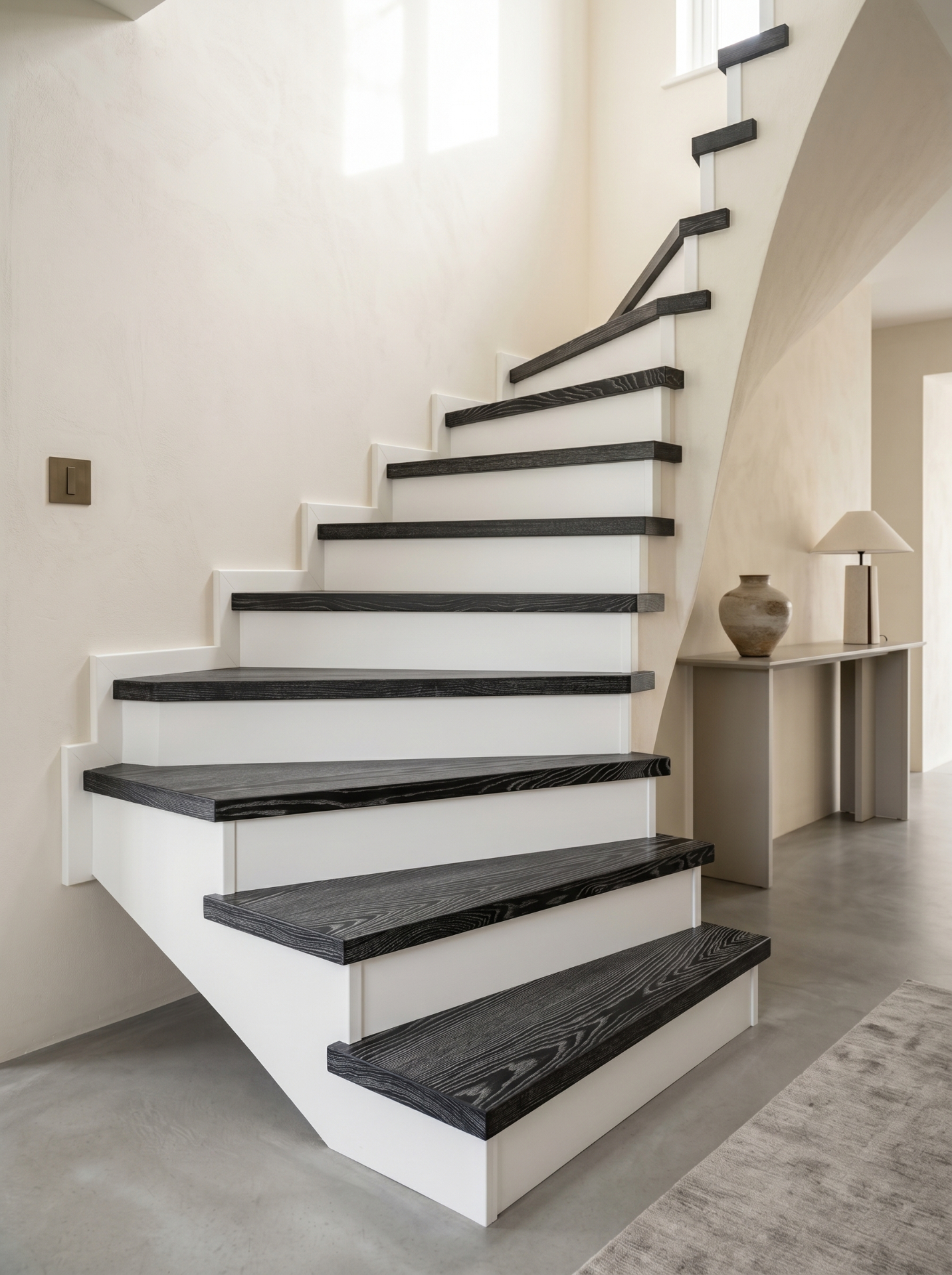 Floating cantilevered ebonised oak staircase