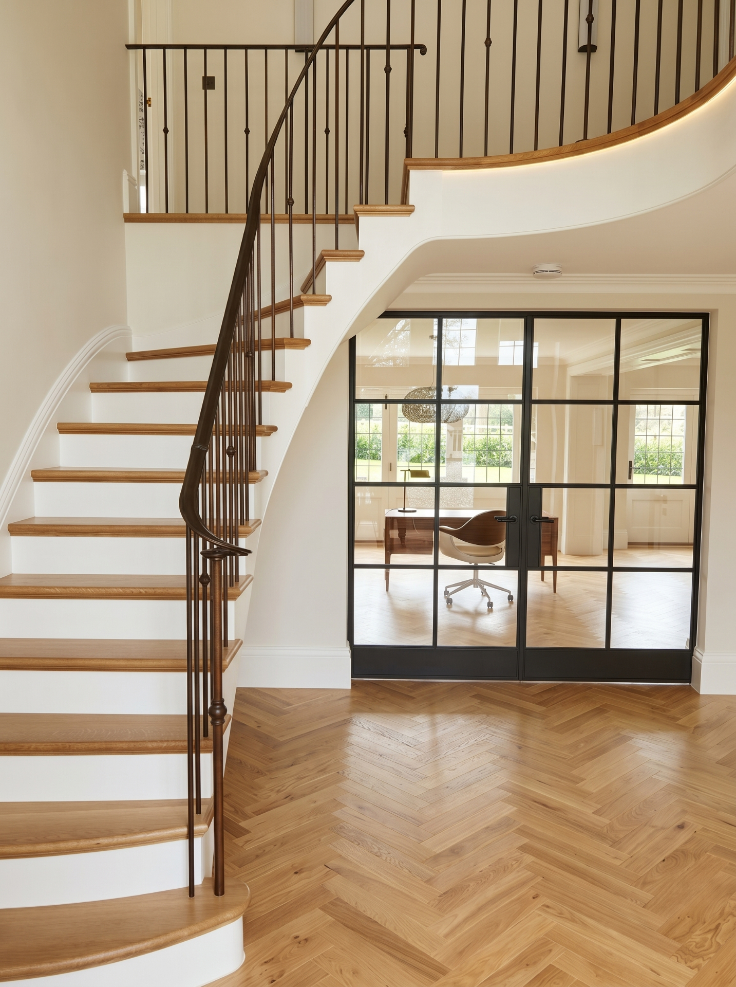 Feature staircase with curved stringer and steel-framed glass doors