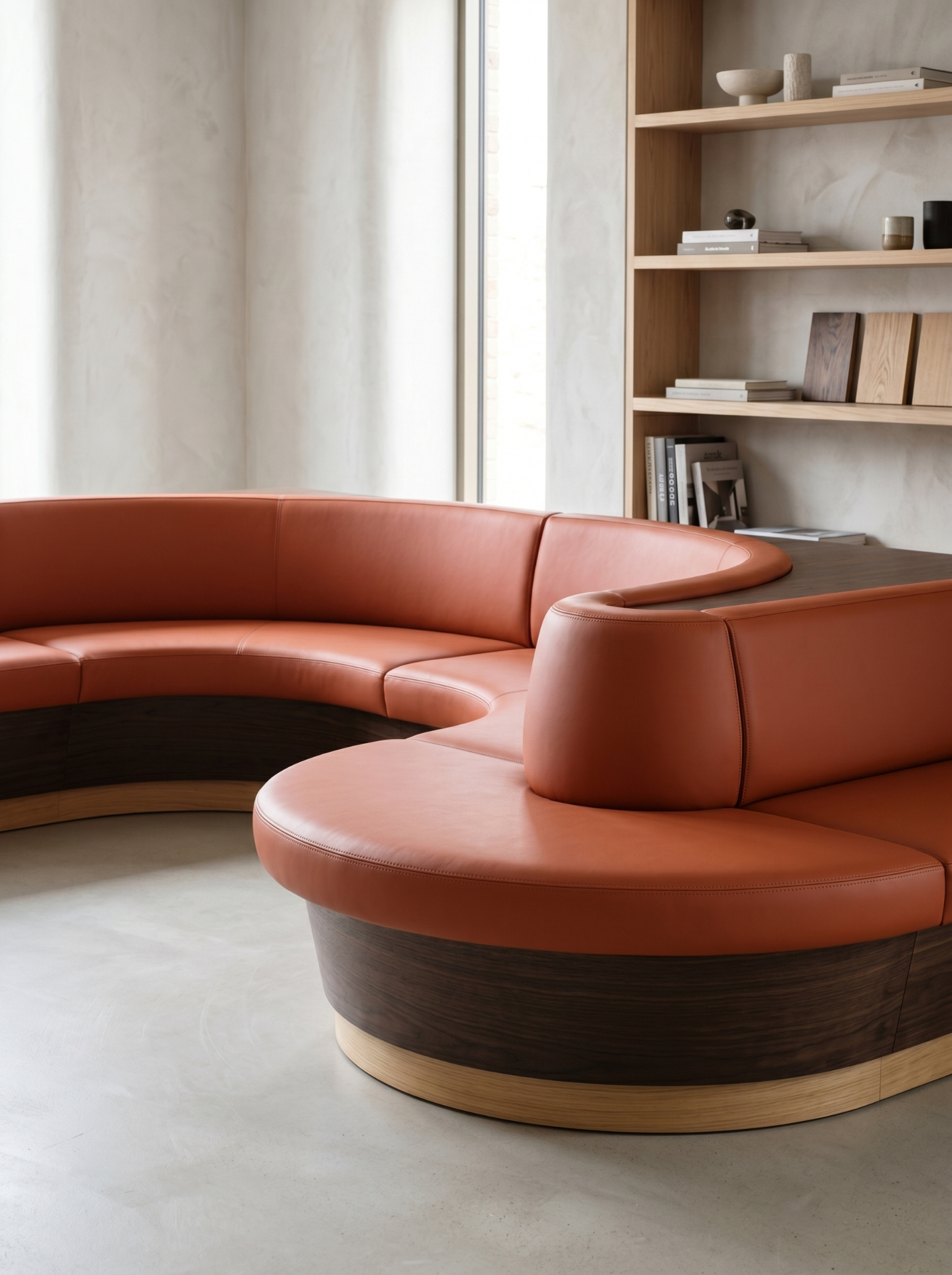 Curved leather banquette on a walnut joinery base