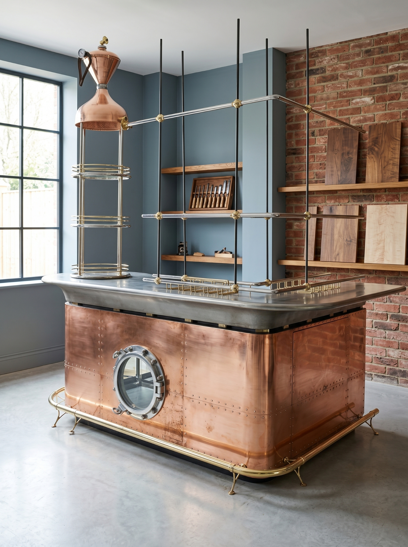 Kitchen island with copper and brass detailing