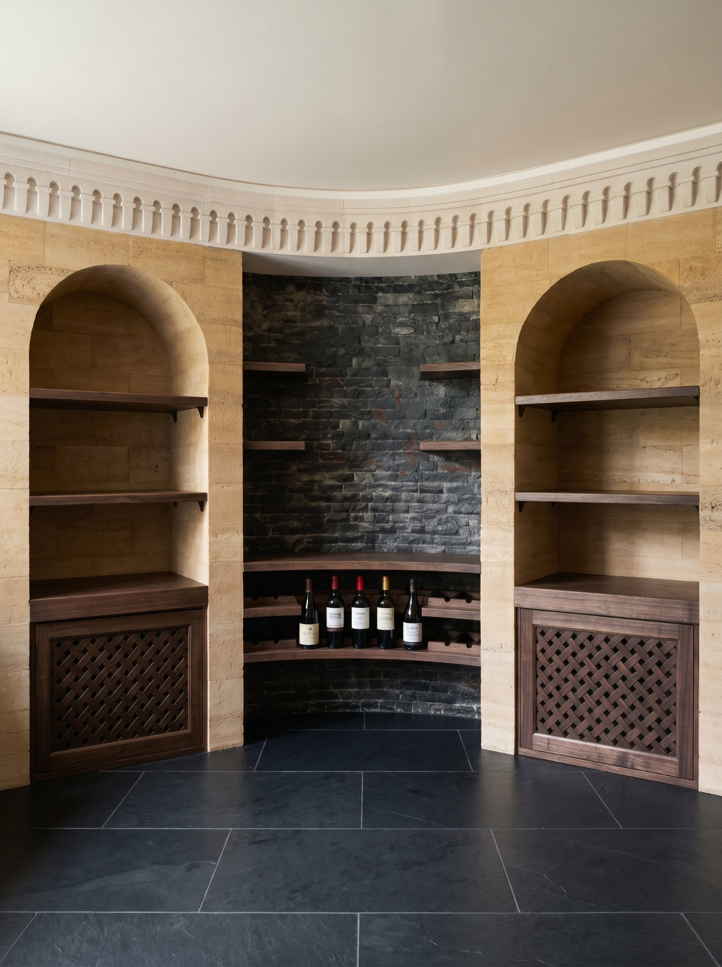 Curved walnut wine shelving with lattice cabinet doors